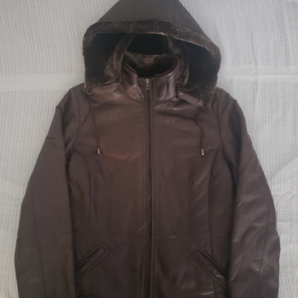 Danier black ladies leather coat w/hood - SML - Picture 1 of 3